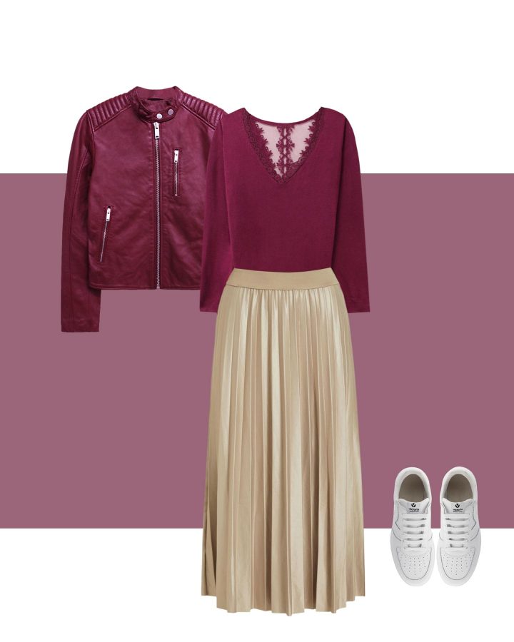 Burgundy and gold outfit