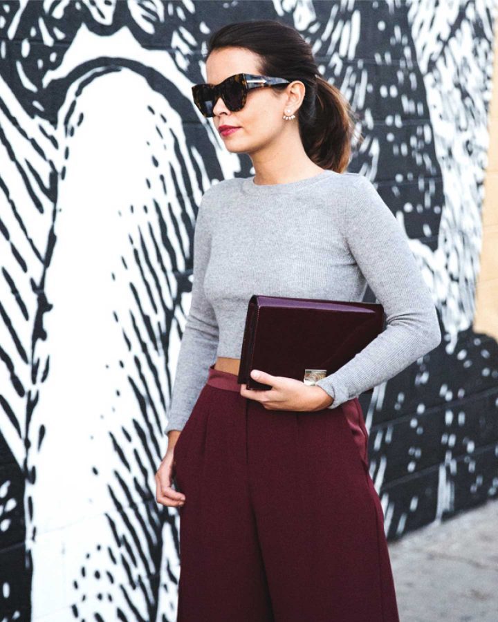 Burgundy and gray outfit
